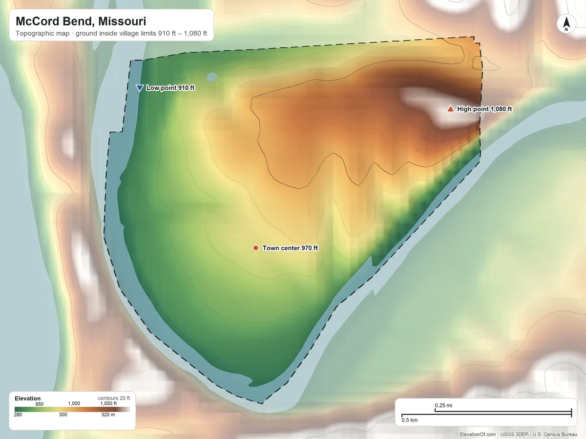 Topographic elevation map of McCord Bend, Missouri, shaded from 910 ft on the northwest side to 1,080 ft on the northeast side
