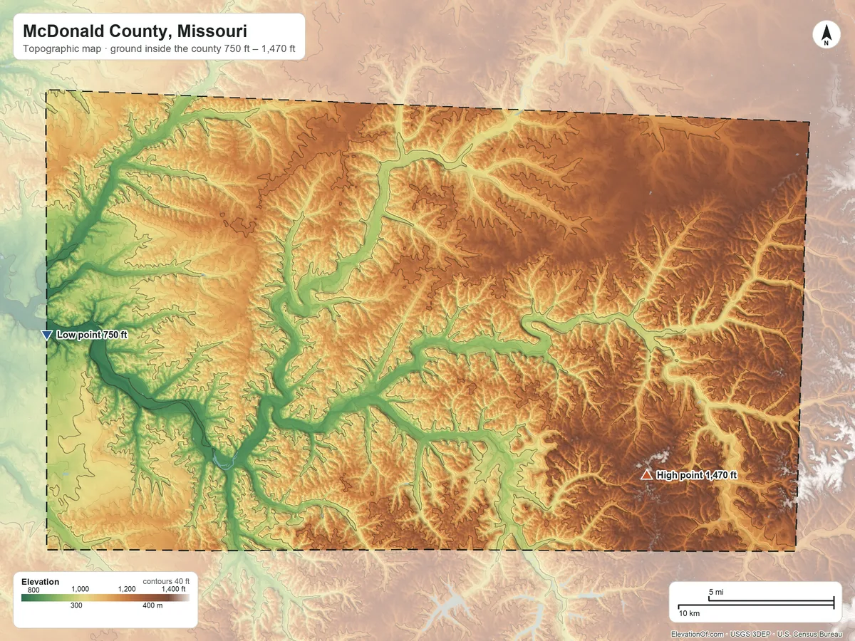 Topographic elevation map of McDonald County, Missouri, shaded from 750 ft on the west side to 1,470 ft on the southeast side