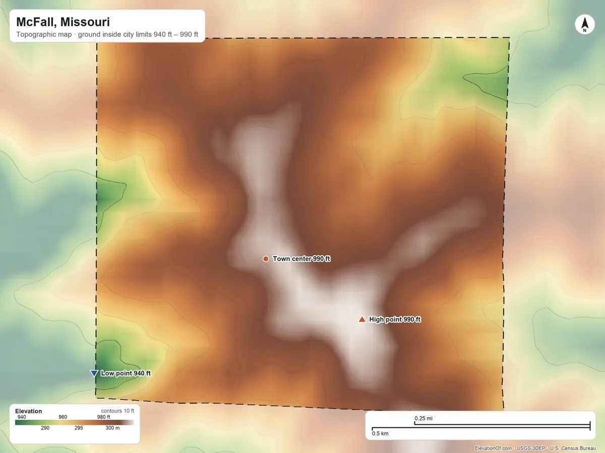 Topographic elevation map of McFall, Missouri, shaded from 940 ft on the southwest side to 990 ft on the southeast side