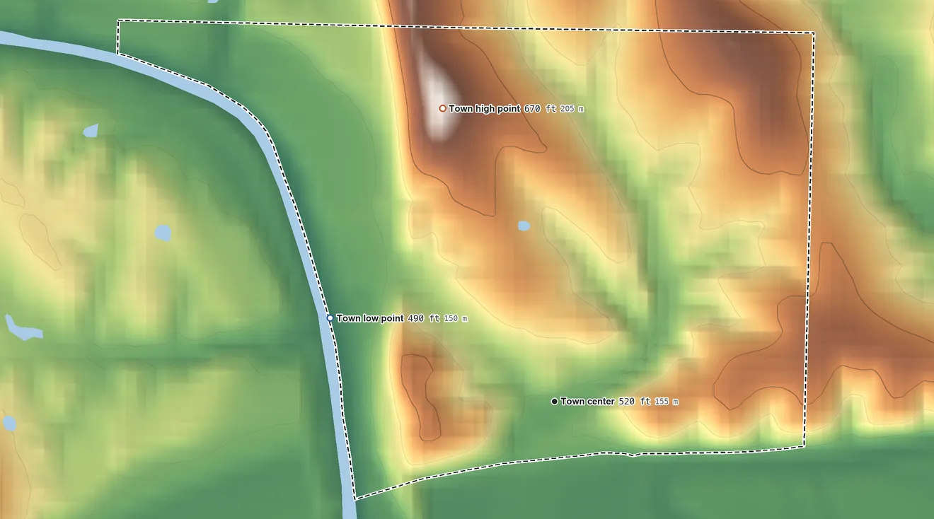Topographic elevation map of McKittrick, Missouri, shaded from 490 ft on the west side to 670 ft on the north side