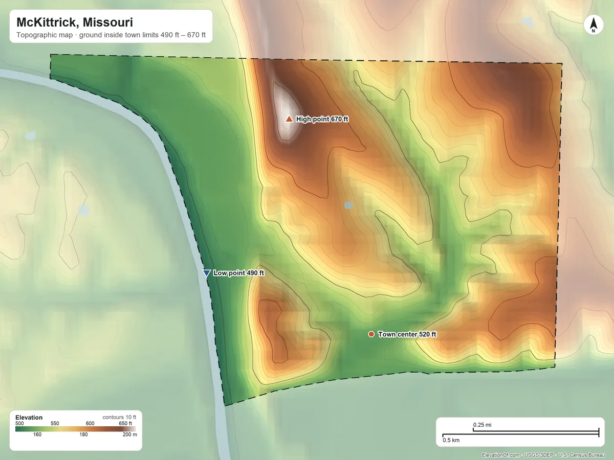 Topographic elevation map of McKittrick, Missouri, shaded from 490 ft on the west side to 670 ft on the north side