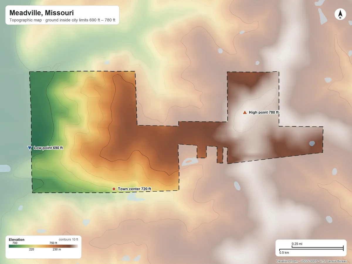 Topographic elevation map of Meadville, Missouri, shaded from 690 ft on the northwest side to 780 ft on the northeast side