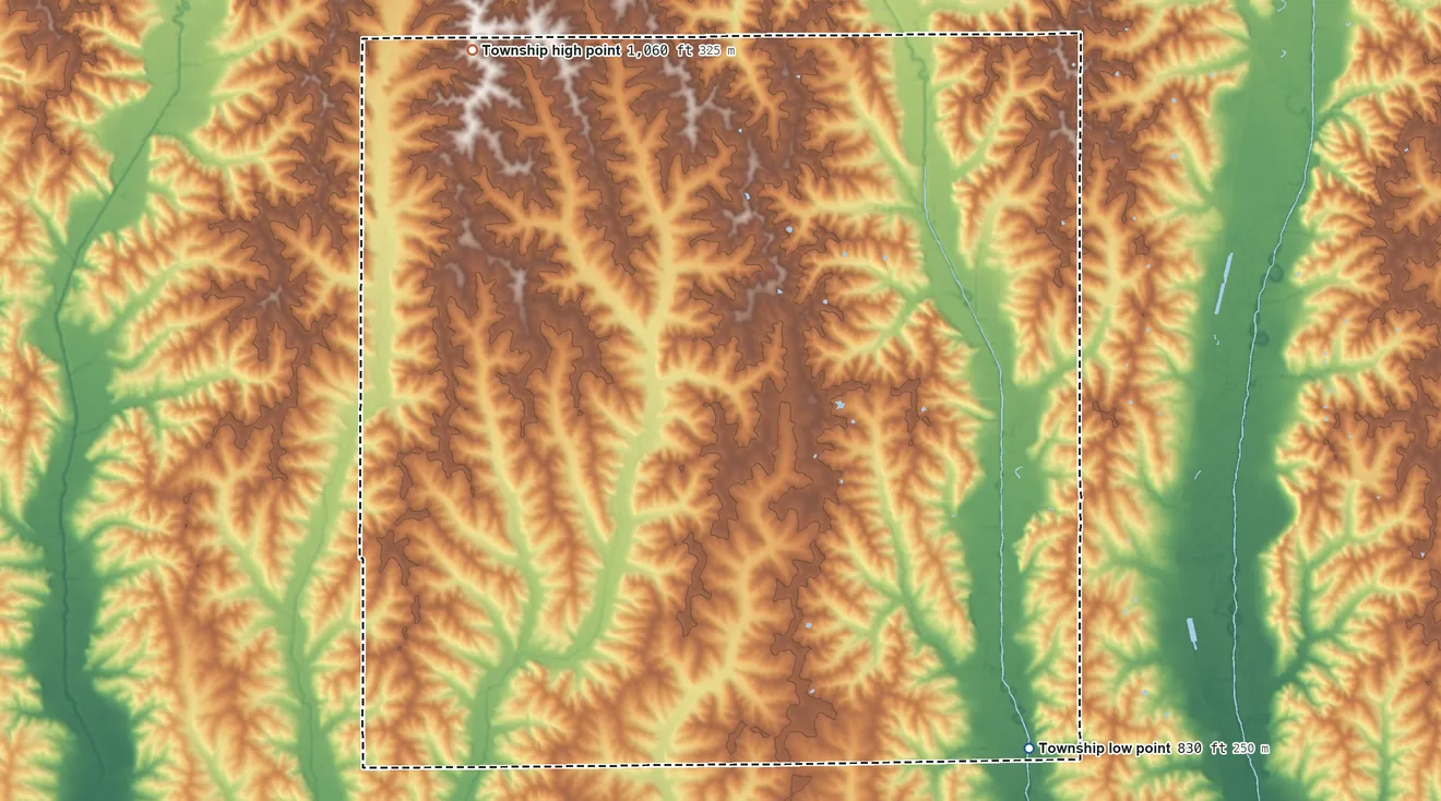 Topographic elevation map of Medicine Township, Mercer County, Missouri, shaded from 830 ft on the southeast side to 1,060 ft on the northwest side