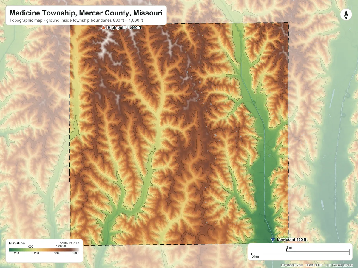 Topographic elevation map of Medicine Township, Mercer County, Missouri, shaded from 830 ft on the southeast side to 1,060 ft on the northwest side
