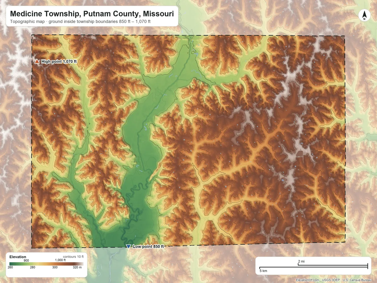 Topographic elevation map of Medicine Township, Putnam County, Missouri, shaded from 850 ft on the south side to 1,070 ft on the west side