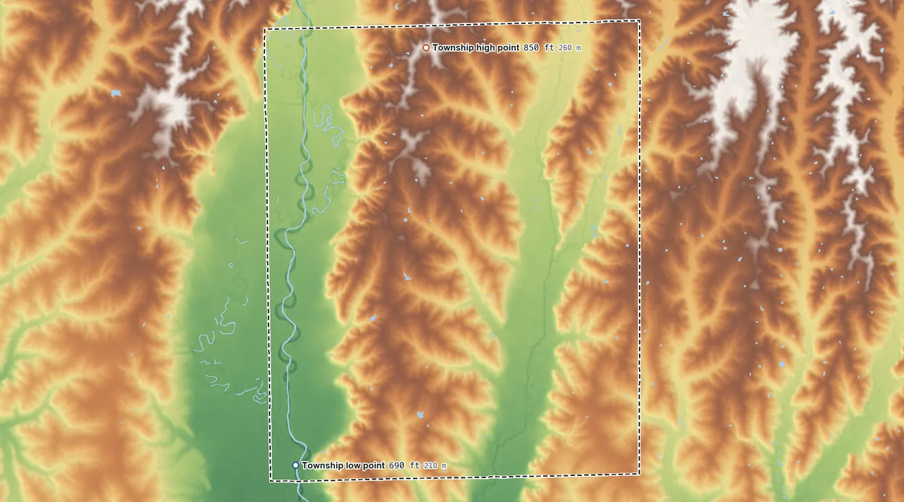 Topographic elevation map of Medicine Township, Missouri, shaded from 690 ft on the southwest side to 850 ft on the north side