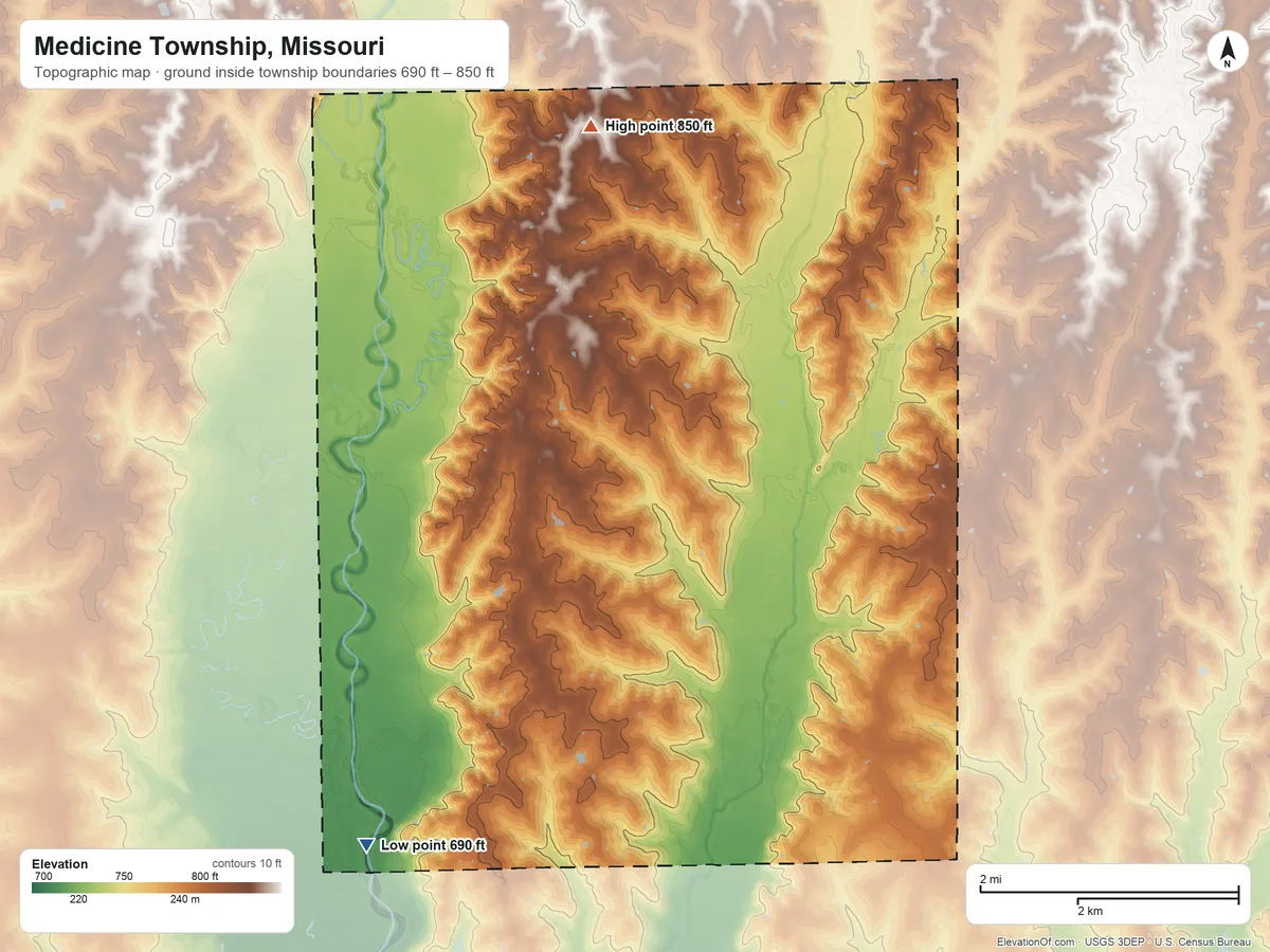 Topographic elevation map of Medicine Township, Missouri, shaded from 690 ft on the southwest side to 850 ft on the north side