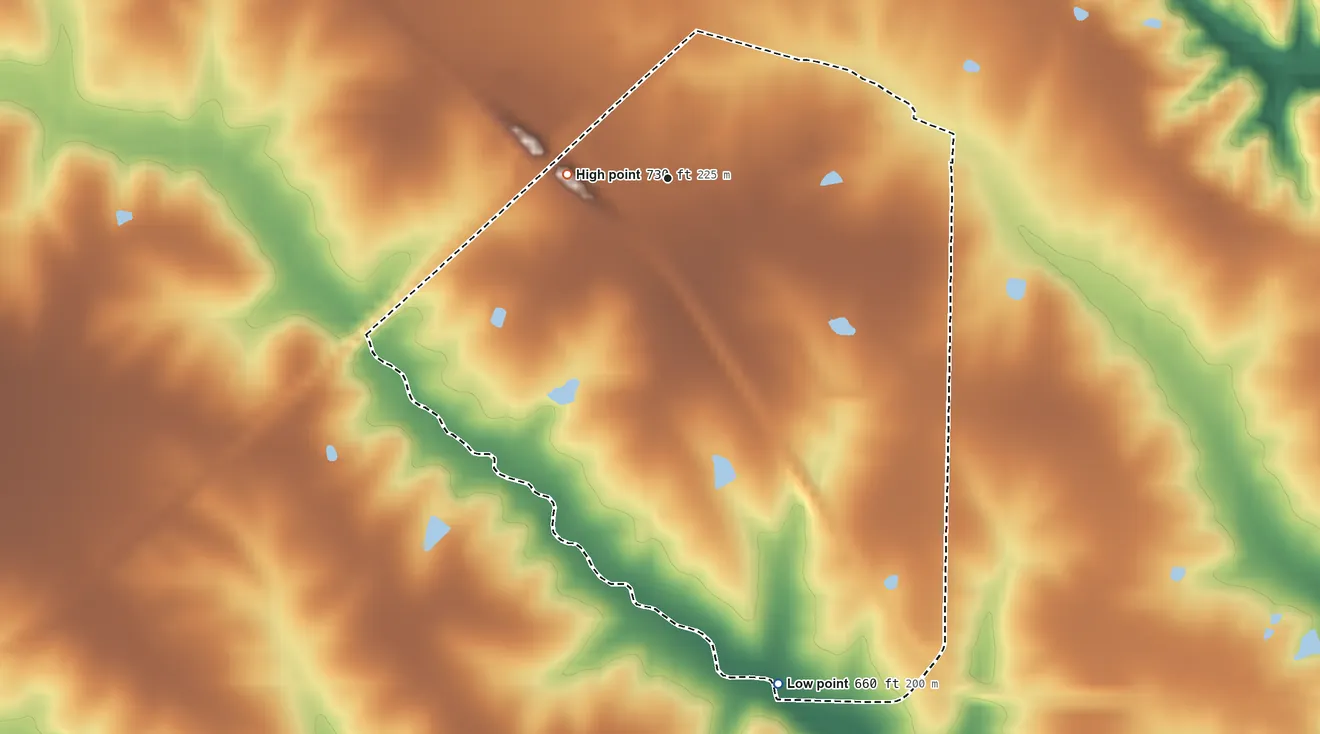 Topographic elevation map of Medill, Missouri, shaded from 660 ft on the south side to 730 ft on the west side