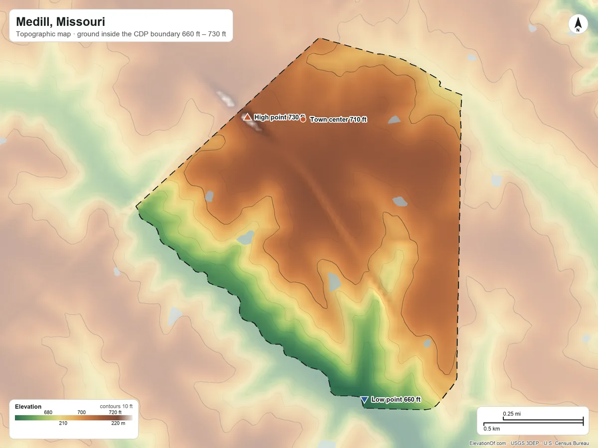 Topographic elevation map of Medill, Missouri, shaded from 660 ft on the south side to 730 ft on the west side