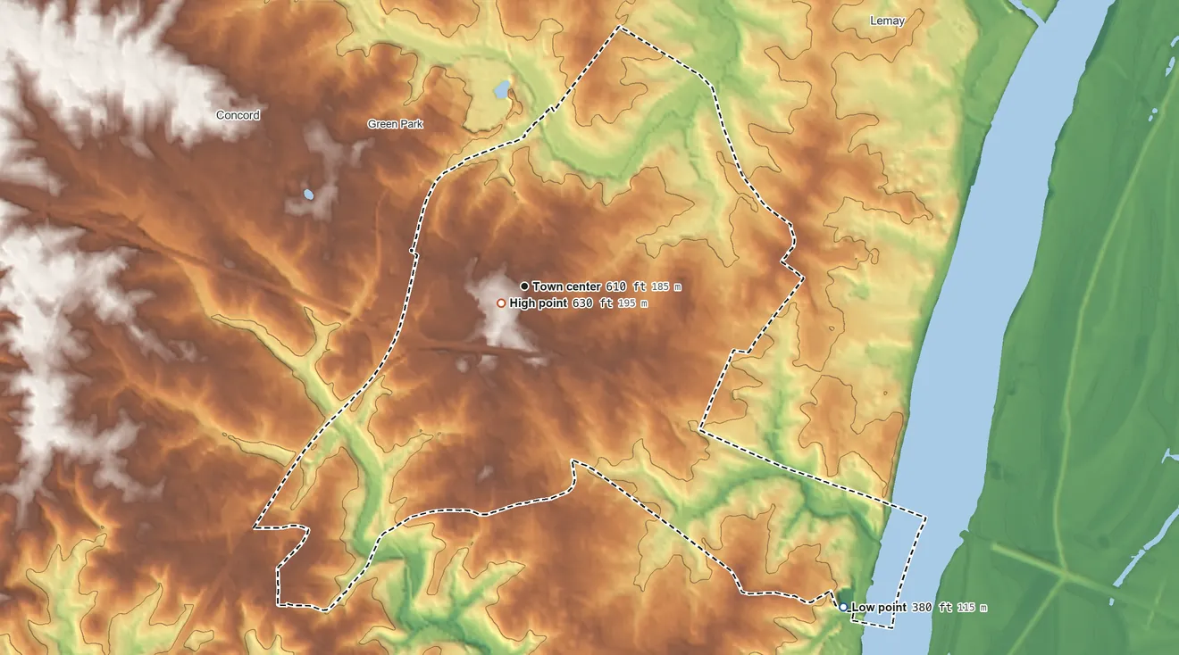 Topographic elevation map of Mehlville, Missouri, shaded from 380 ft on the southeast side to 630 ft near the middle