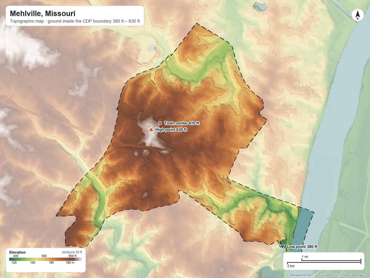 Topographic elevation map of Mehlville, Missouri, shaded from 380 ft on the southeast side to 630 ft near the middle