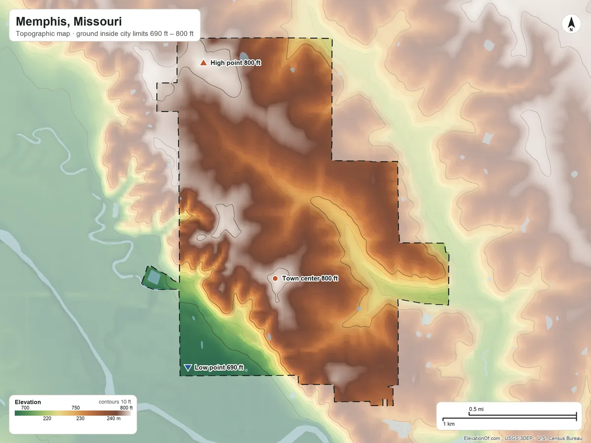 Topographic elevation map of Memphis, Missouri, shaded from 690 ft on the southwest side to 800 ft on the north side