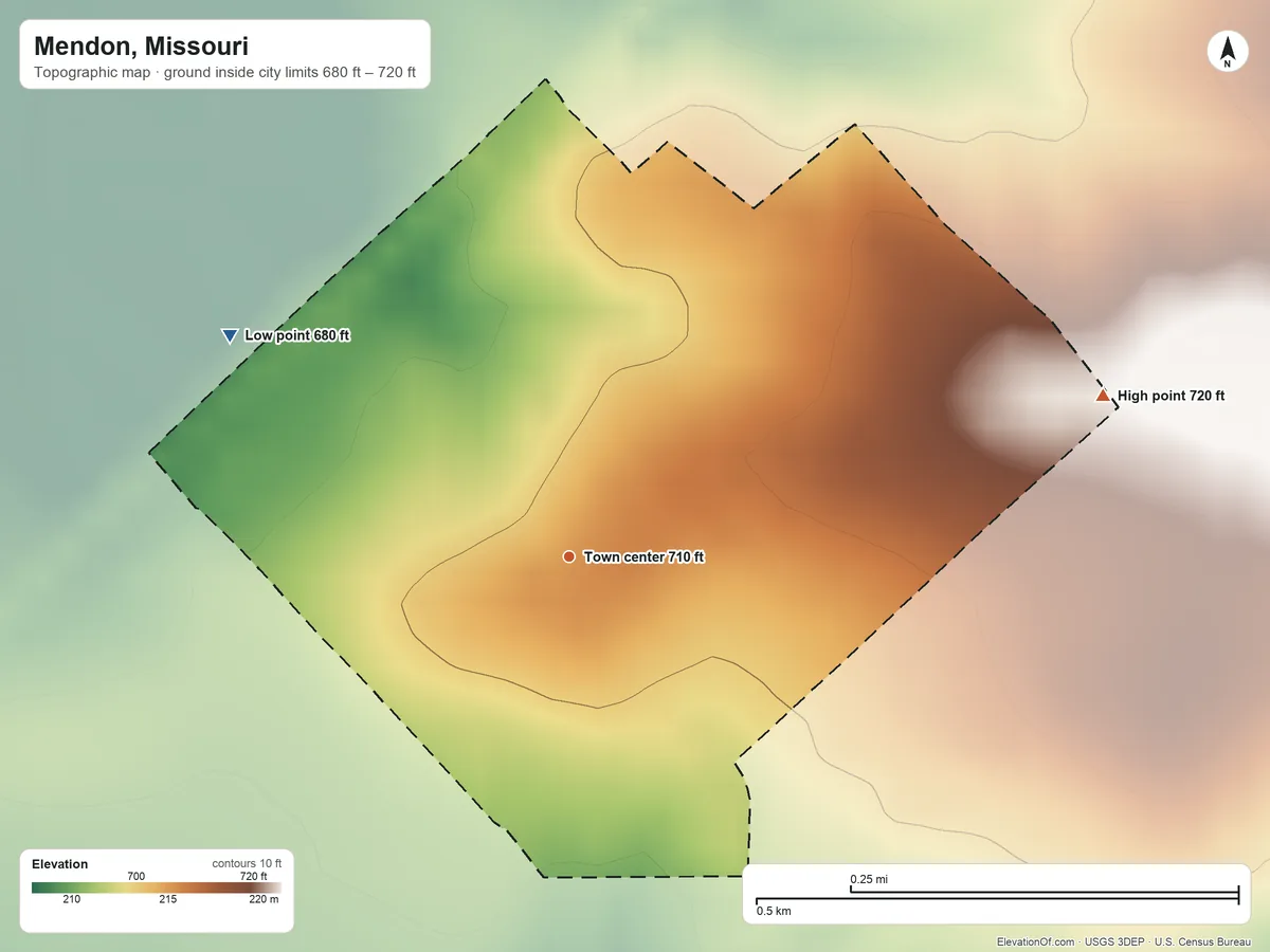 Topographic elevation map of Mendon, Missouri, shaded from 680 ft on the northwest side to 720 ft on the east side