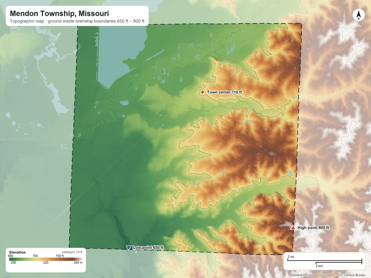 Topographic elevation map of Mendon Township, Missouri, shaded from 650 ft on the southwest side to 800 ft on the southeast side