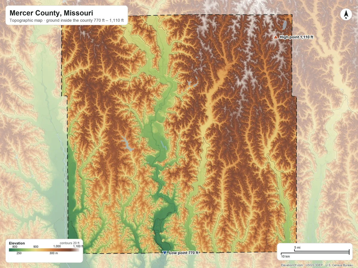 Topographic elevation map of Mercer County, Missouri, shaded from 770 ft on the south side to 1,110 ft on the northeast side