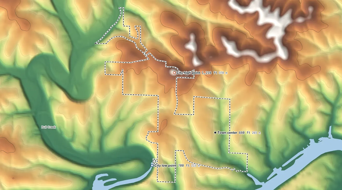 Topographic elevation map of Merriam Woods, Missouri, shaded from 700 ft on the southwest side to 1,210 ft on the northwest side