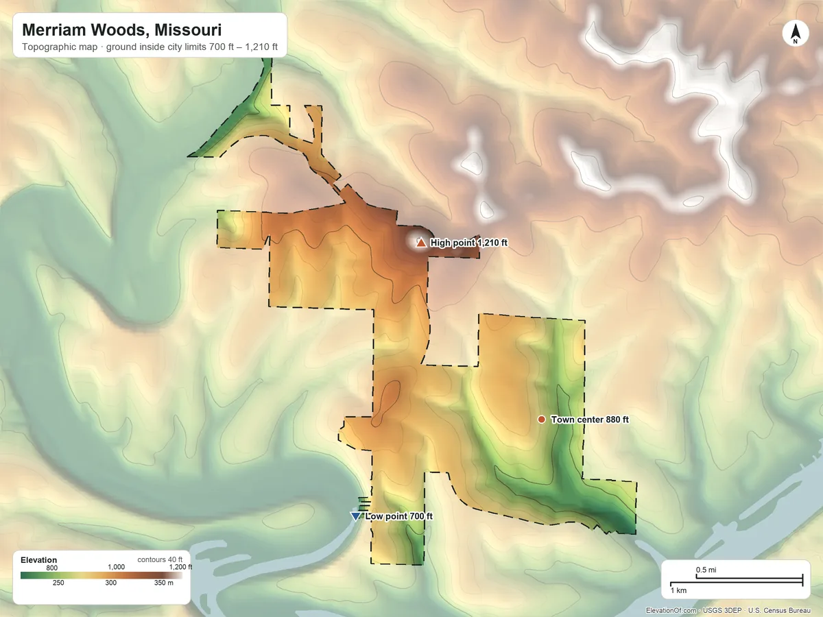 Topographic elevation map of Merriam Woods, Missouri, shaded from 700 ft on the southwest side to 1,210 ft on the northwest side
