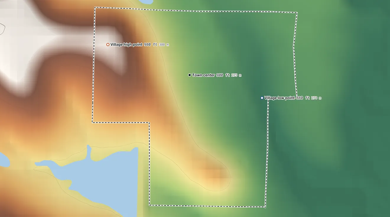 Topographic elevation map of Merwin, Missouri, shaded from 880 ft on the east side to 980 ft on the west side