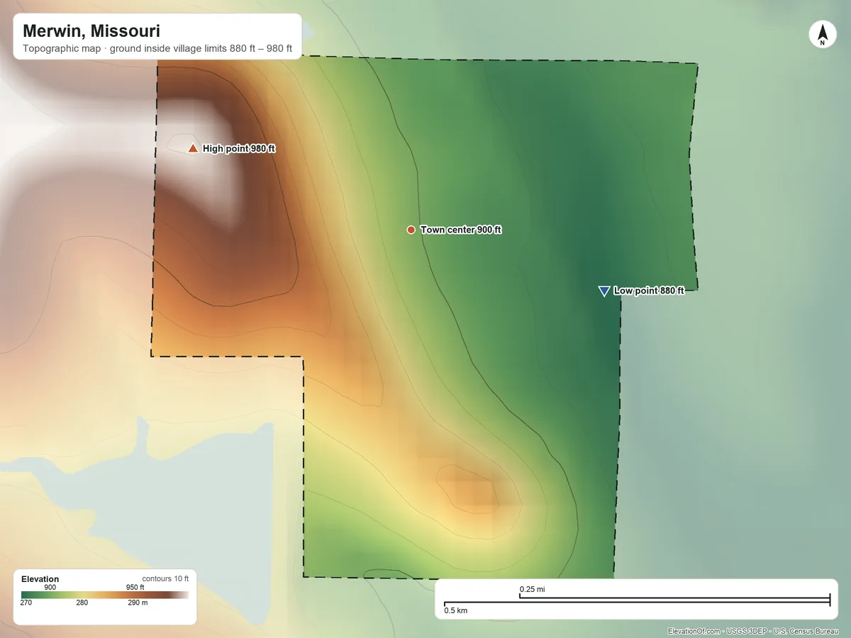 Topographic elevation map of Merwin, Missouri, shaded from 880 ft on the east side to 980 ft on the west side