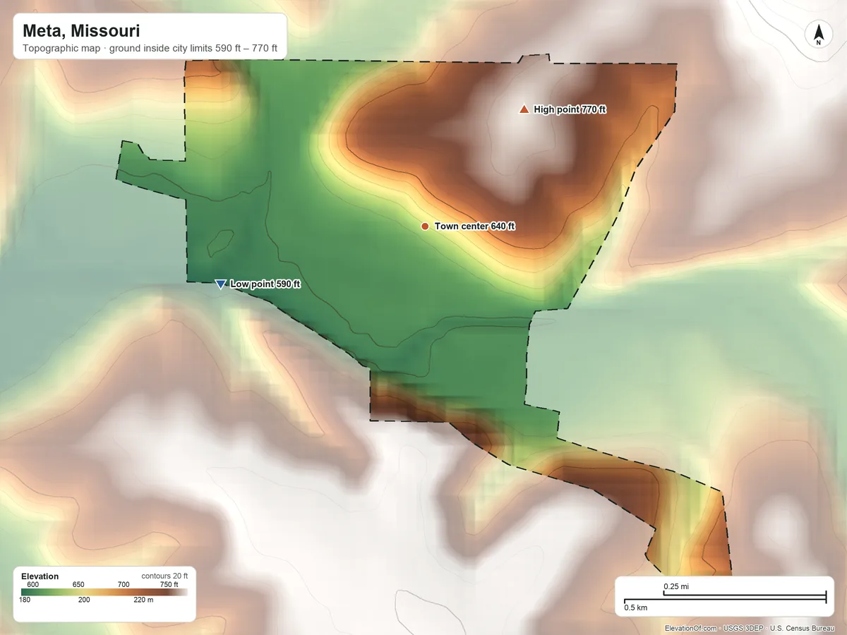 Topographic elevation map of Meta, Missouri, shaded from 590 ft on the west side to 770 ft on the northeast side