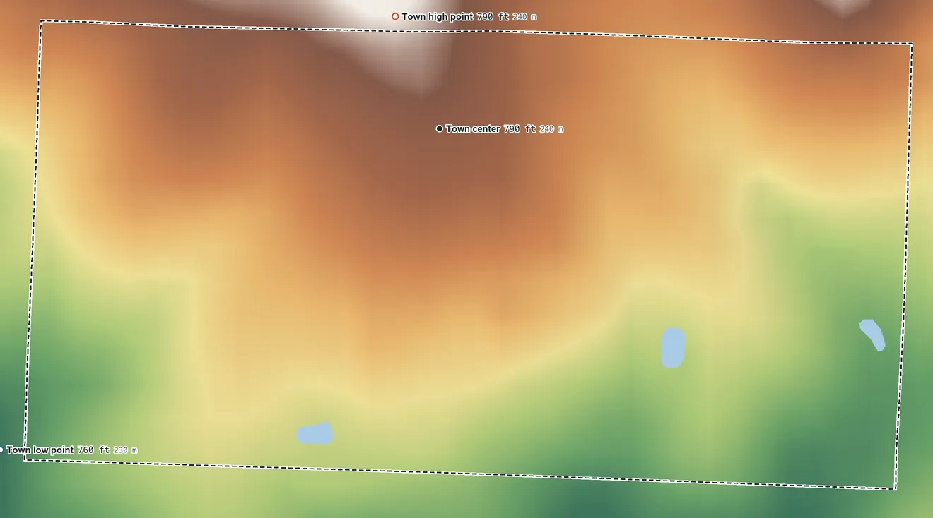 Topographic elevation map of Metz, Missouri, shaded from 760 ft on the southwest side to 790 ft on the north side
