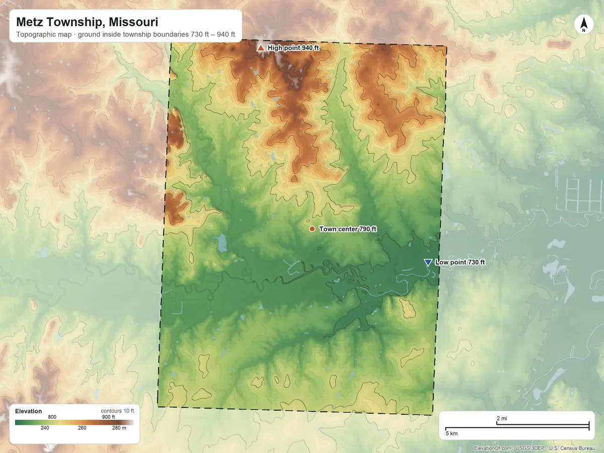 Topographic elevation map of Metz Township, Missouri, shaded from 730 ft on the east side to 940 ft on the north side