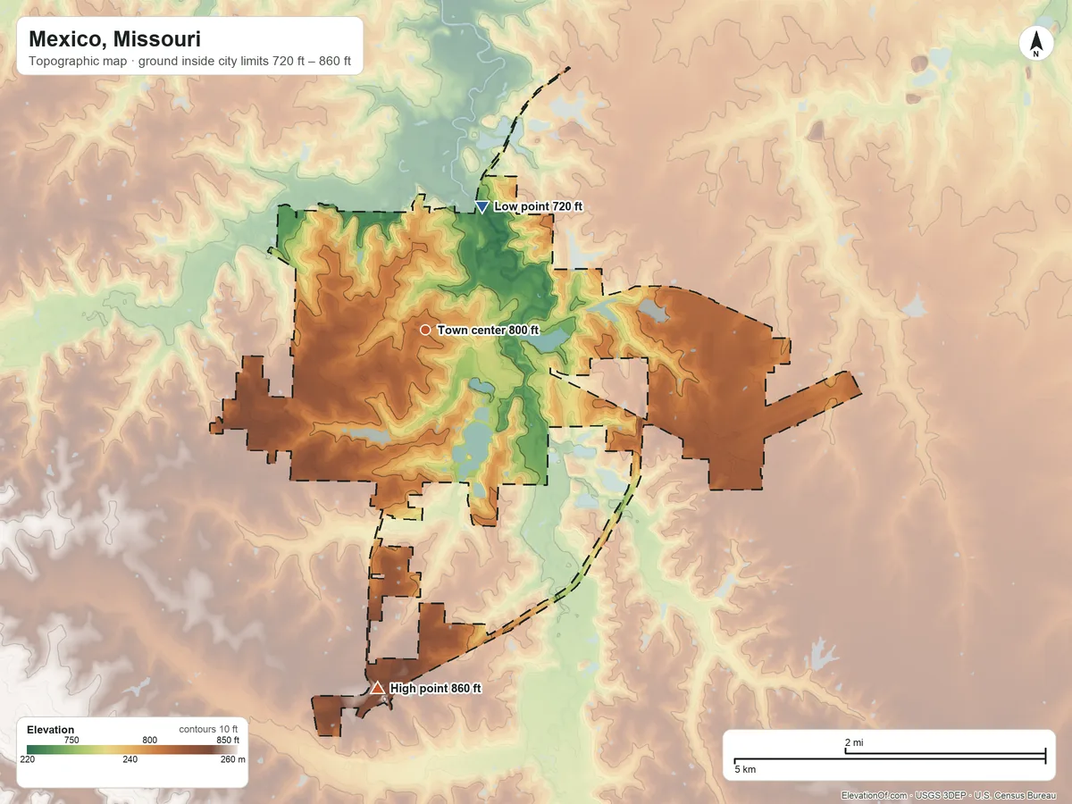 Topographic elevation map of Mexico, Missouri, shaded from 720 ft on the northeast side to 860 ft on the south side