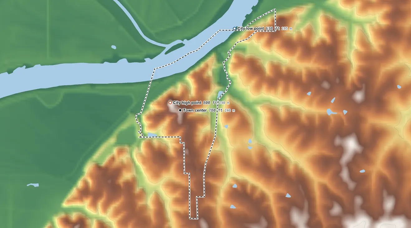 Topographic elevation map of Miami, Missouri, shaded from 630 ft on the northeast side to 800 ft near the middle