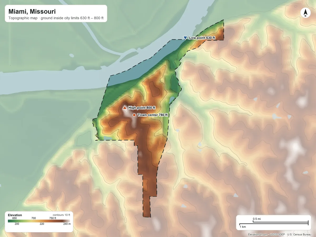 Topographic elevation map of Miami, Missouri, shaded from 630 ft on the northeast side to 800 ft near the middle