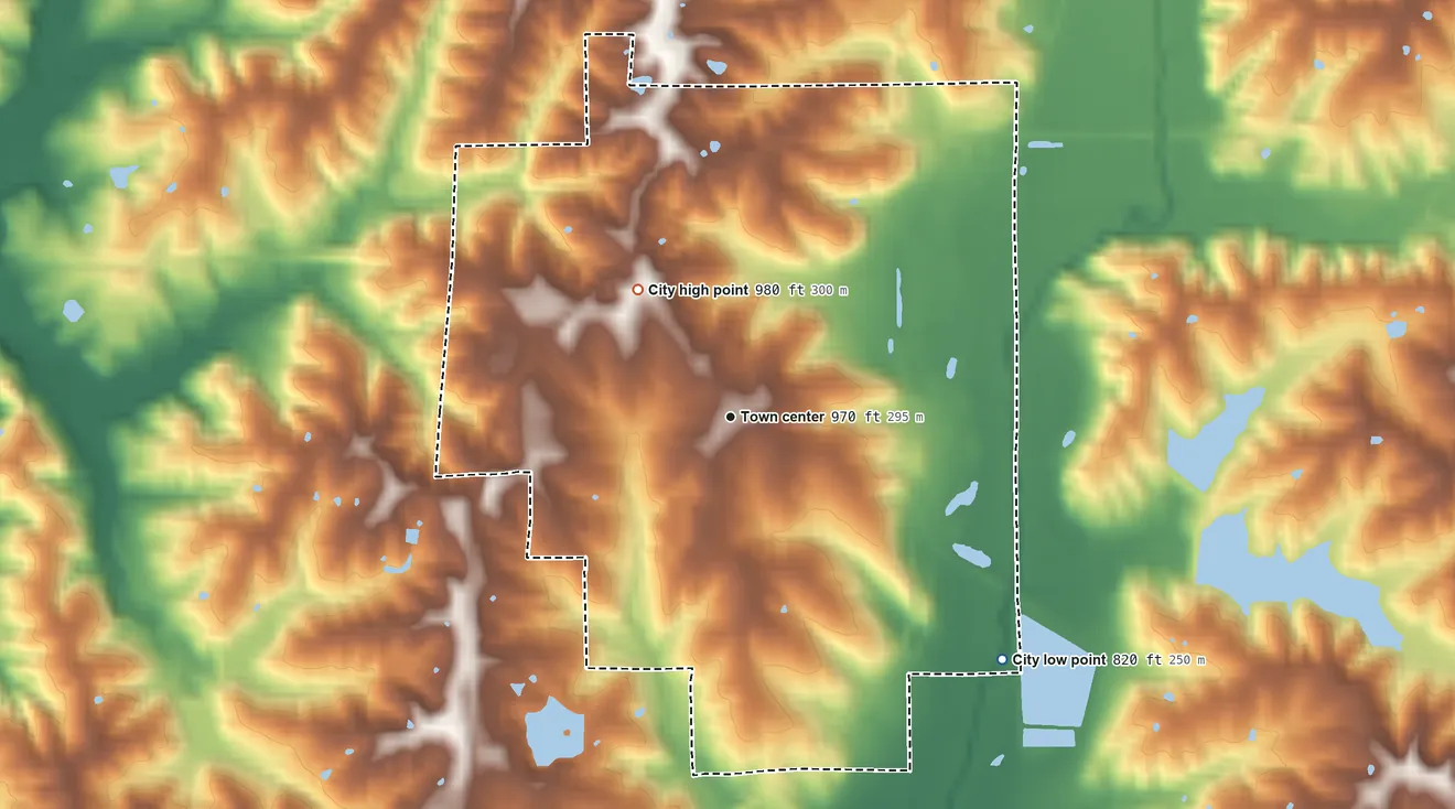 Topographic elevation map of Milan, Missouri, shaded from 820 ft on the southeast side to 980 ft on the northwest side
