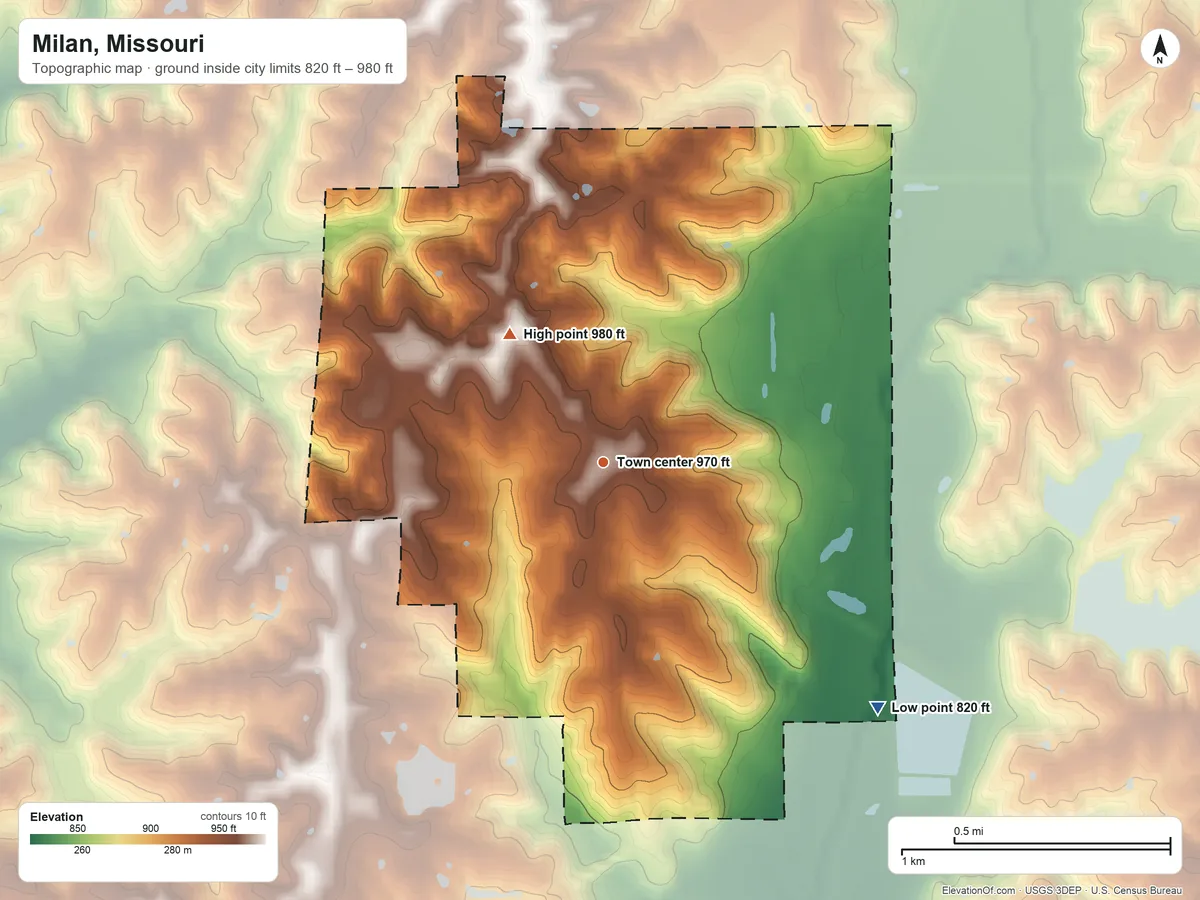 Topographic elevation map of Milan, Missouri, shaded from 820 ft on the southeast side to 980 ft on the northwest side