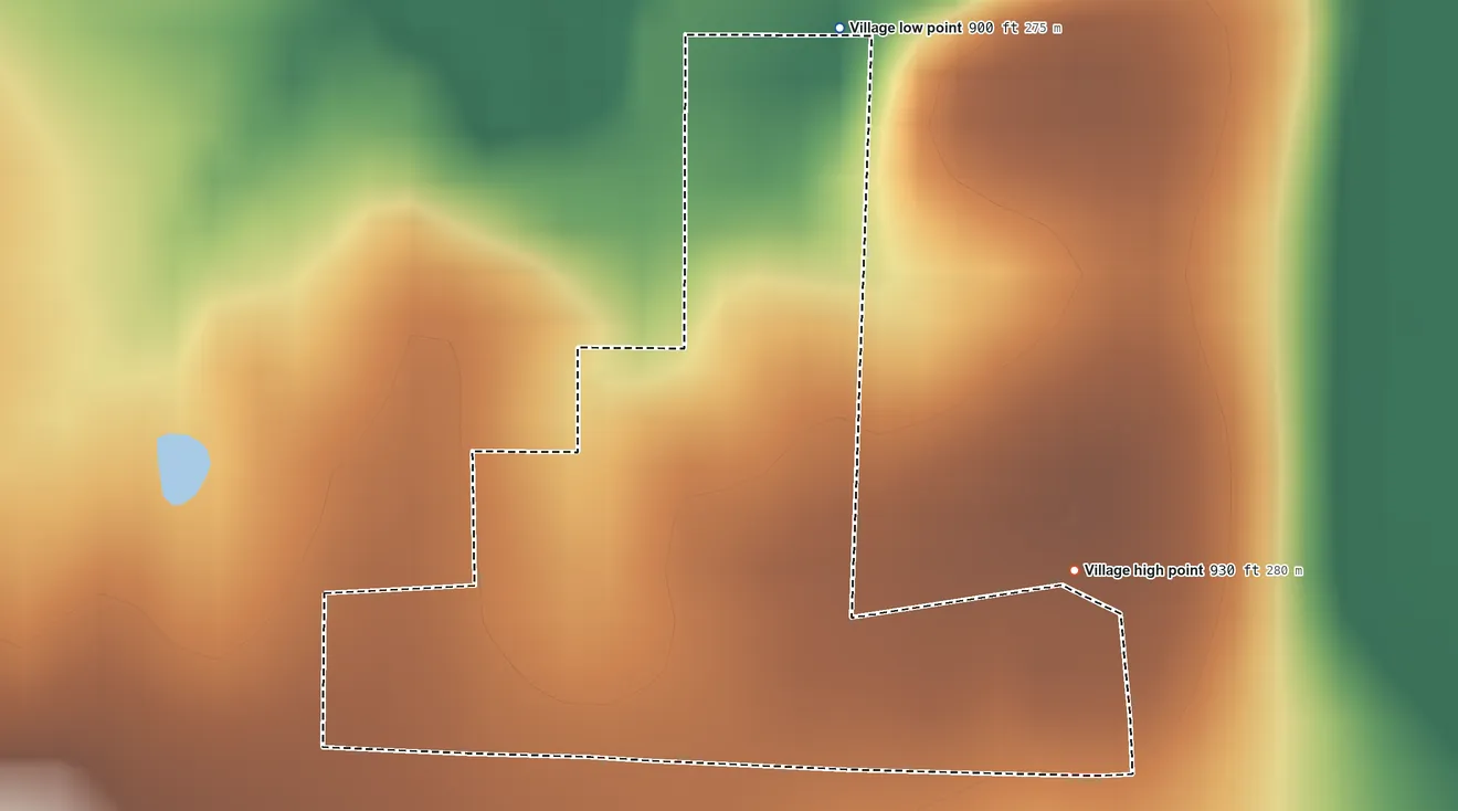 Topographic elevation map of Milford, Missouri, shaded from 900 ft on the north side to 930 ft on the east side