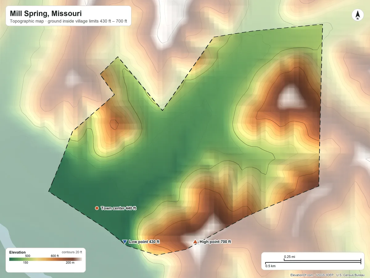 Topographic elevation map of Mill Spring, Missouri, shaded from 430 ft on the southeast side to 700 ft on the east side