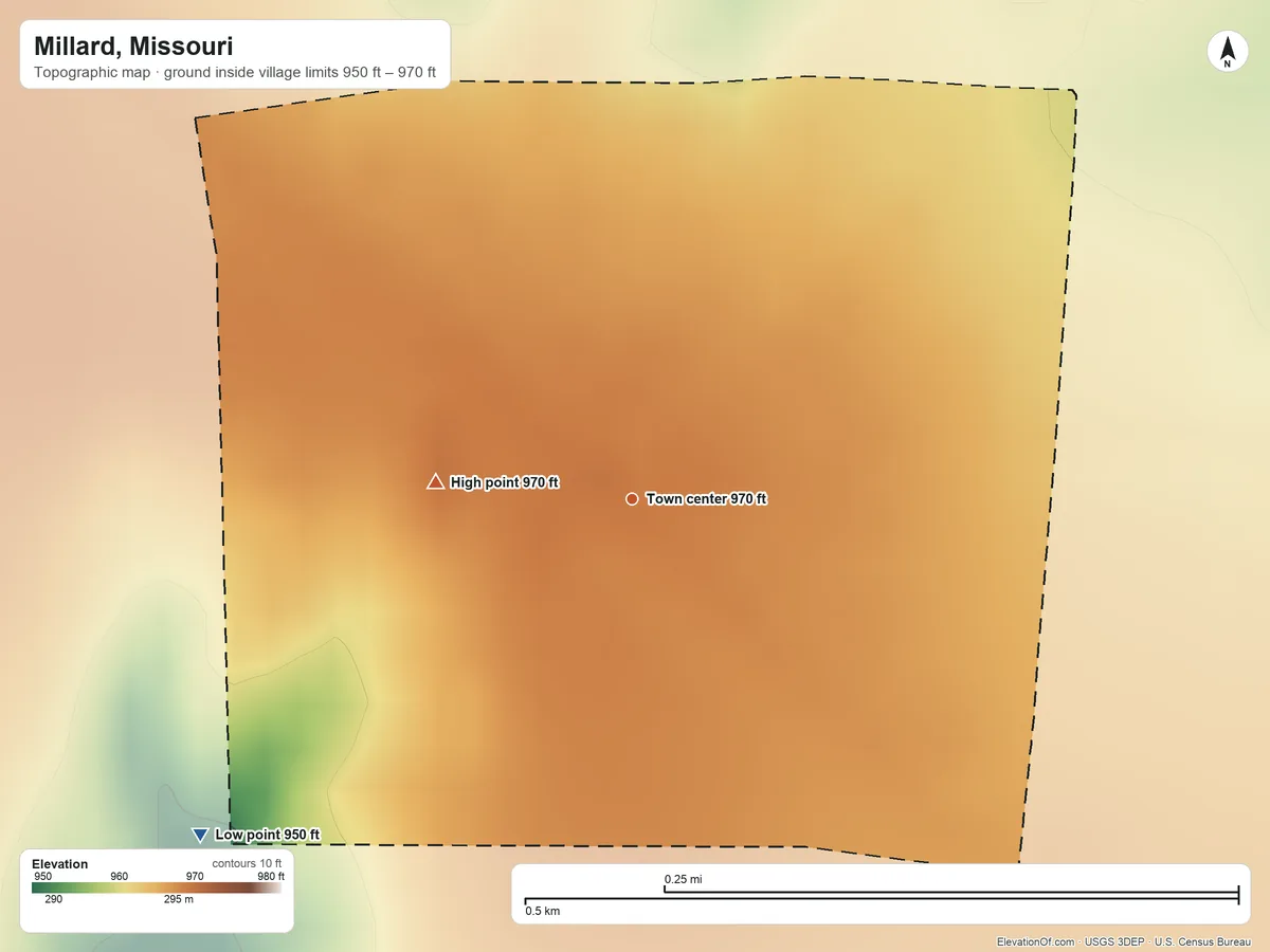 Topographic elevation map of Millard, Missouri, shaded from 950 ft on the southwest side to 970 ft on the west side