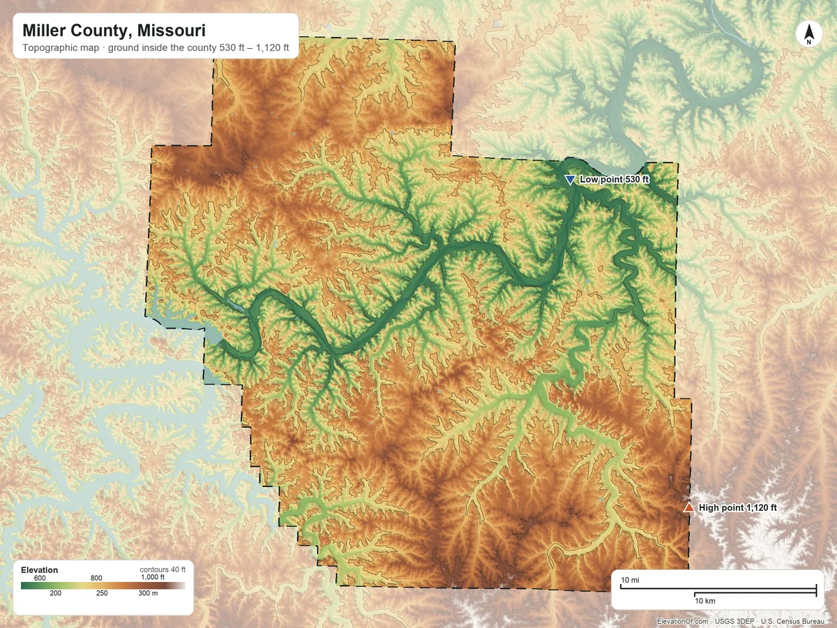 Topographic elevation map of Miller County, Missouri, shaded from 530 ft on the northeast side to 1,120 ft on the southeast side