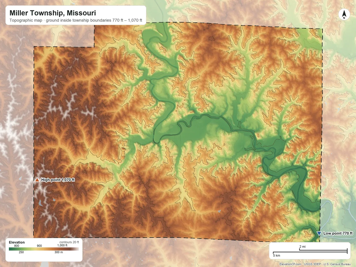 Topographic elevation map of Miller Township, Missouri, shaded from 770 ft on the southeast side to 1,070 ft on the west side
