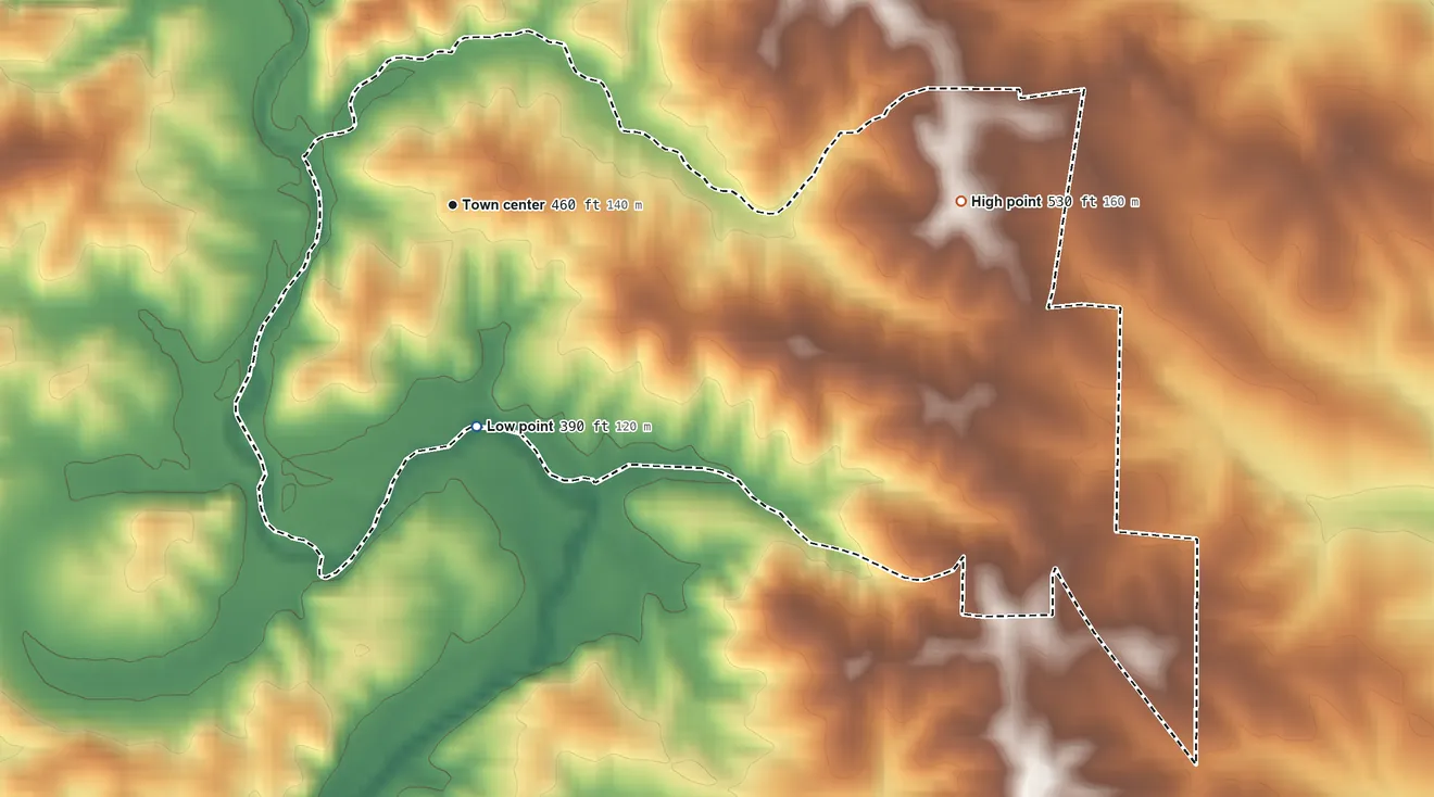 Topographic elevation map of Millersville, Missouri, shaded from 390 ft on the south side to 530 ft on the east side