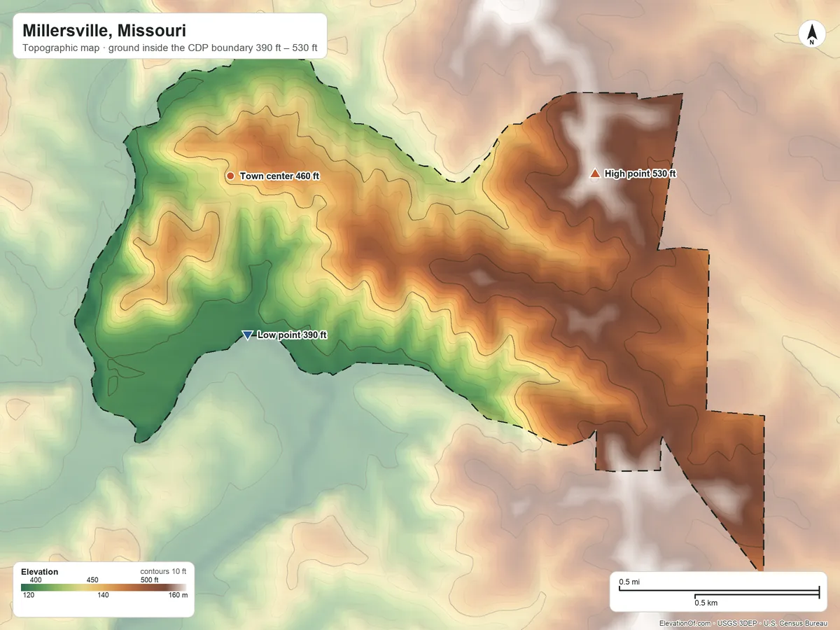 Topographic elevation map of Millersville, Missouri, shaded from 390 ft on the south side to 530 ft on the east side