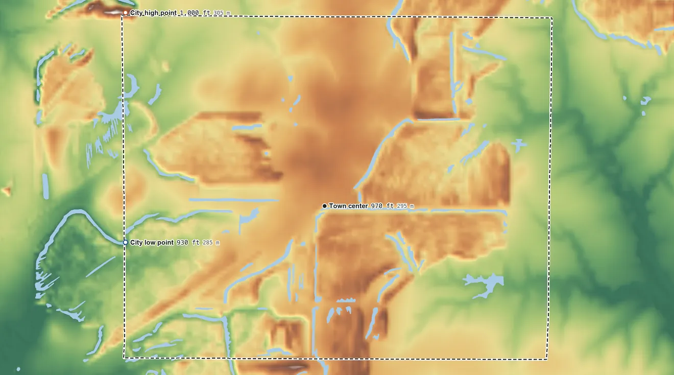 Topographic elevation map of Mindenmines, Missouri, shaded from 930 ft on the west side to 1,000 ft on the northwest side