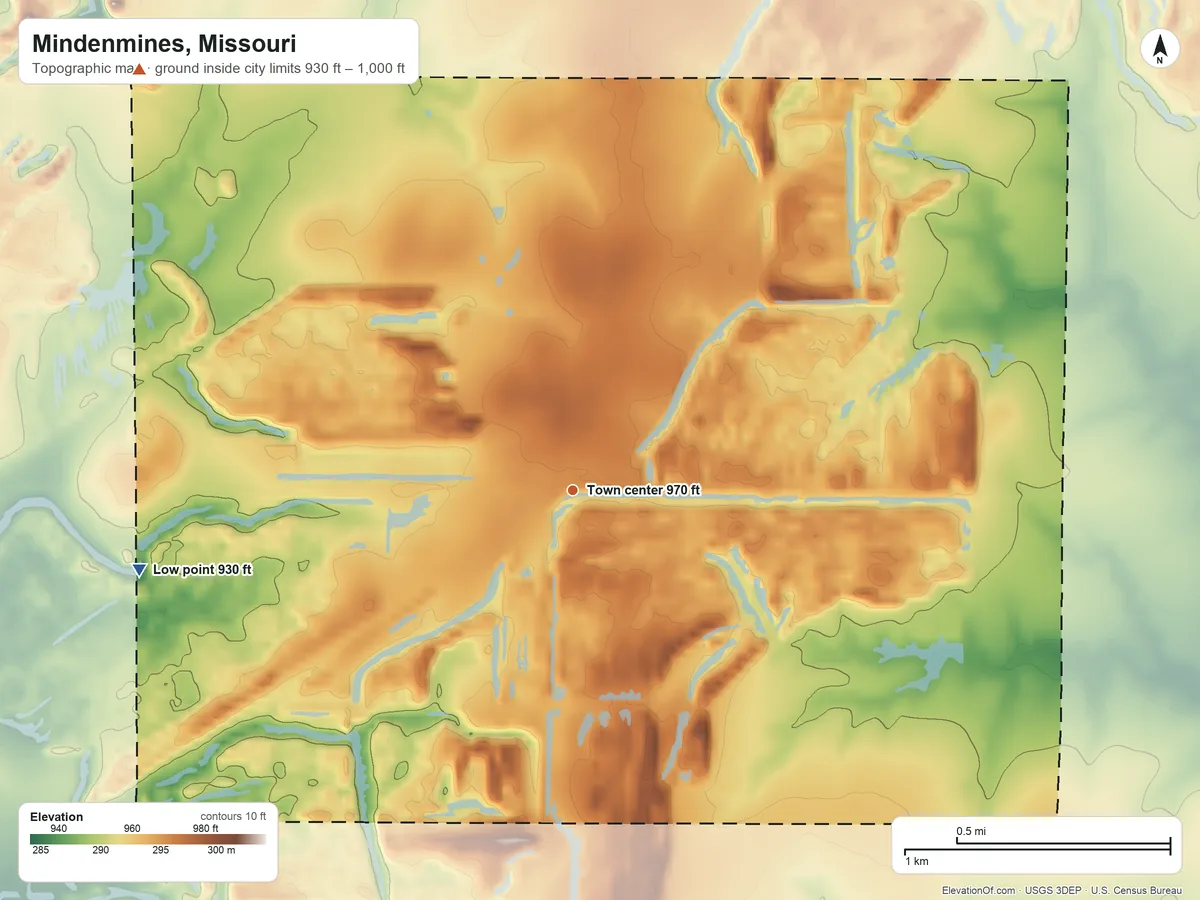 Topographic elevation map of Mindenmines, Missouri, shaded from 930 ft on the west side to 1,000 ft on the northwest side