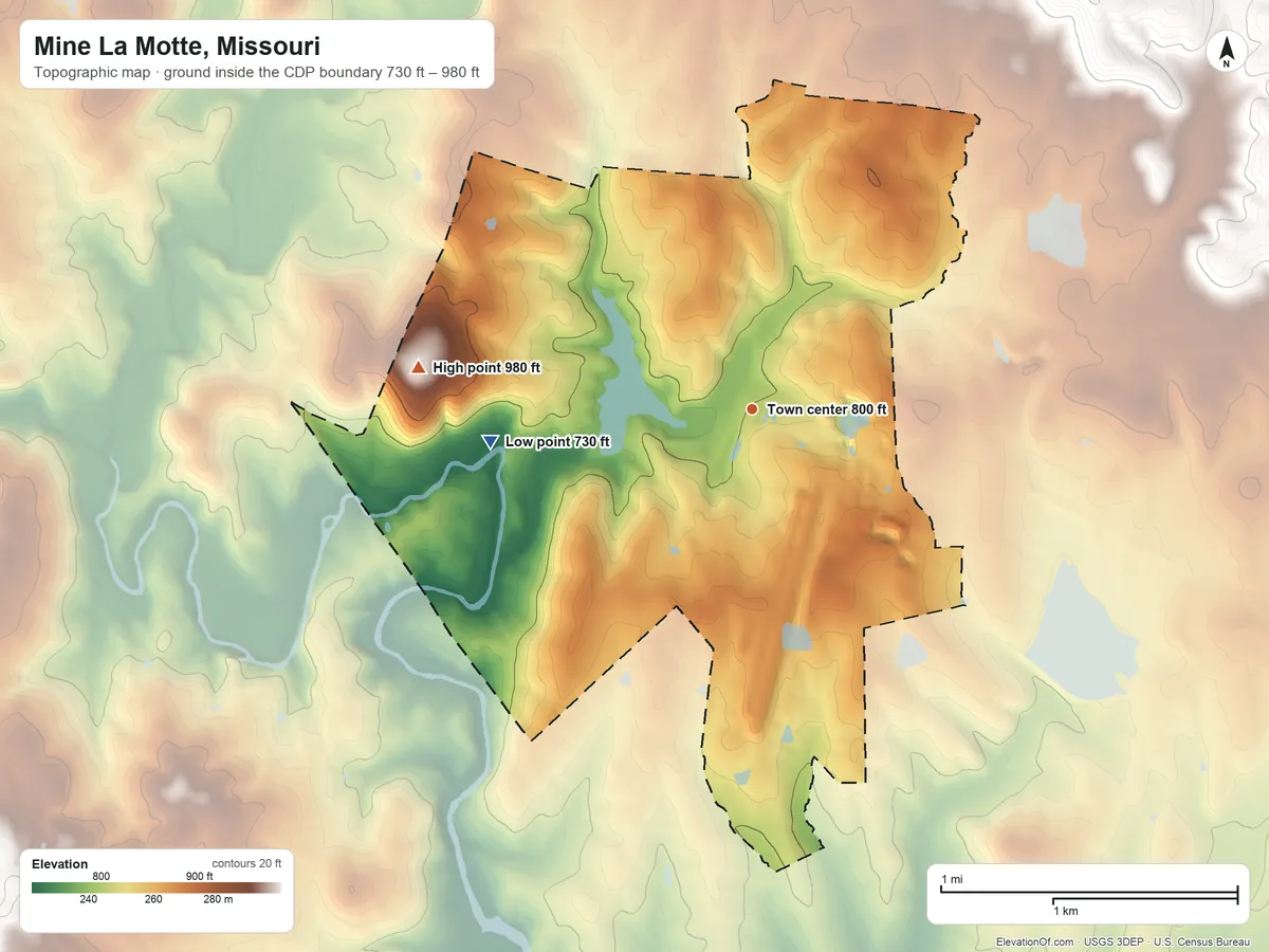 Topographic elevation map of Mine La Motte, Missouri, shaded from 730 ft on the west side to 980 ft on the west side