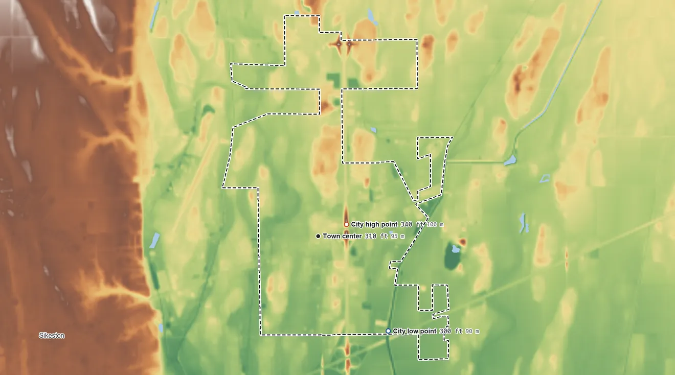 Topographic elevation map of Miner, Missouri, shaded from 300 ft on the southeast side to 340 ft near the middle