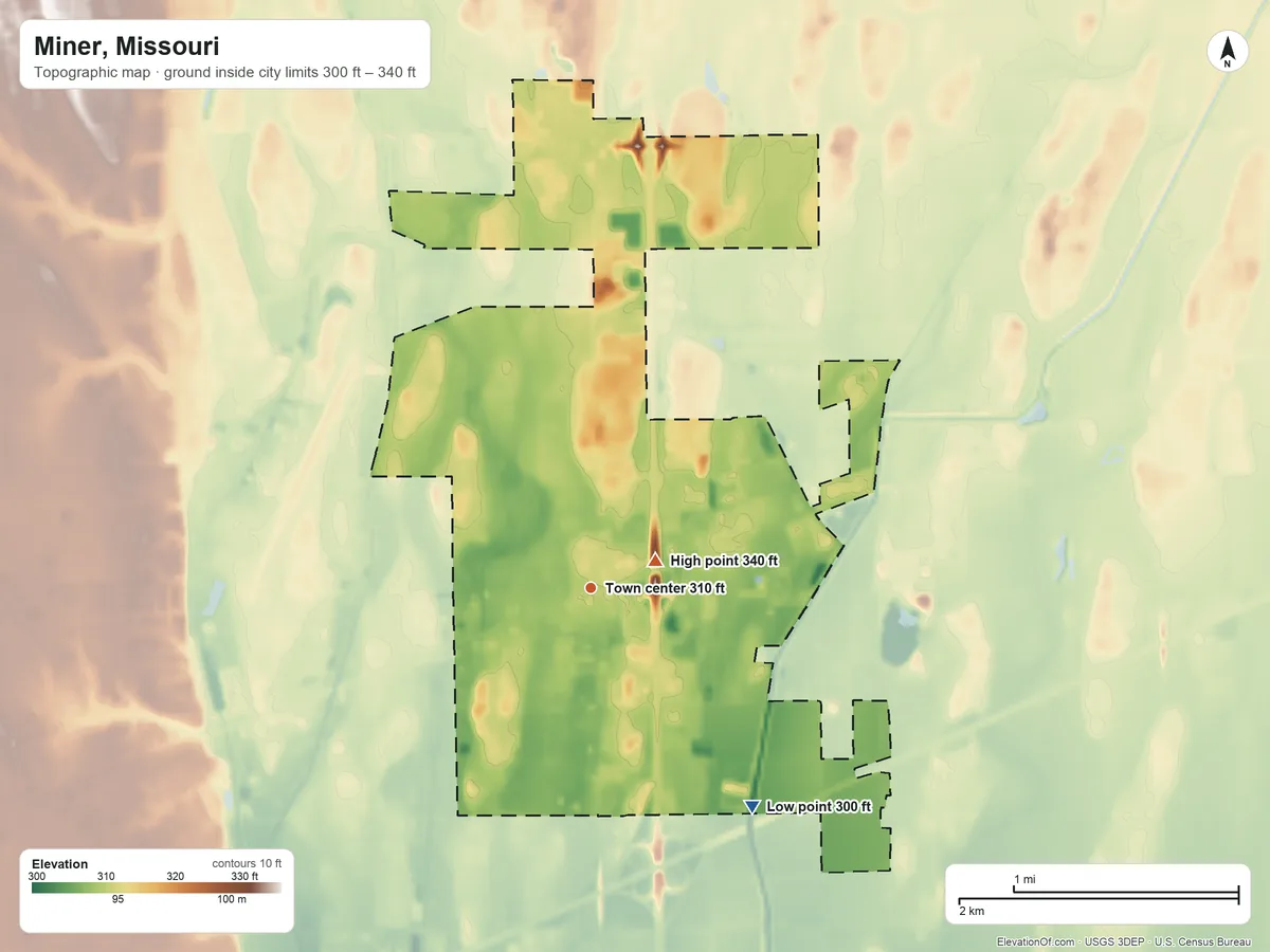 Topographic elevation map of Miner, Missouri, shaded from 300 ft on the southeast side to 340 ft near the middle
