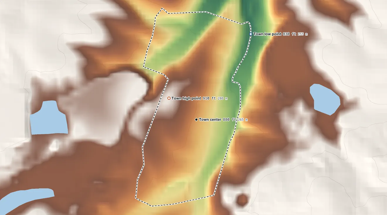 Topographic elevation map of Mineral Point, Missouri, shaded from 830 ft on the northeast side to 910 ft on the northwest side