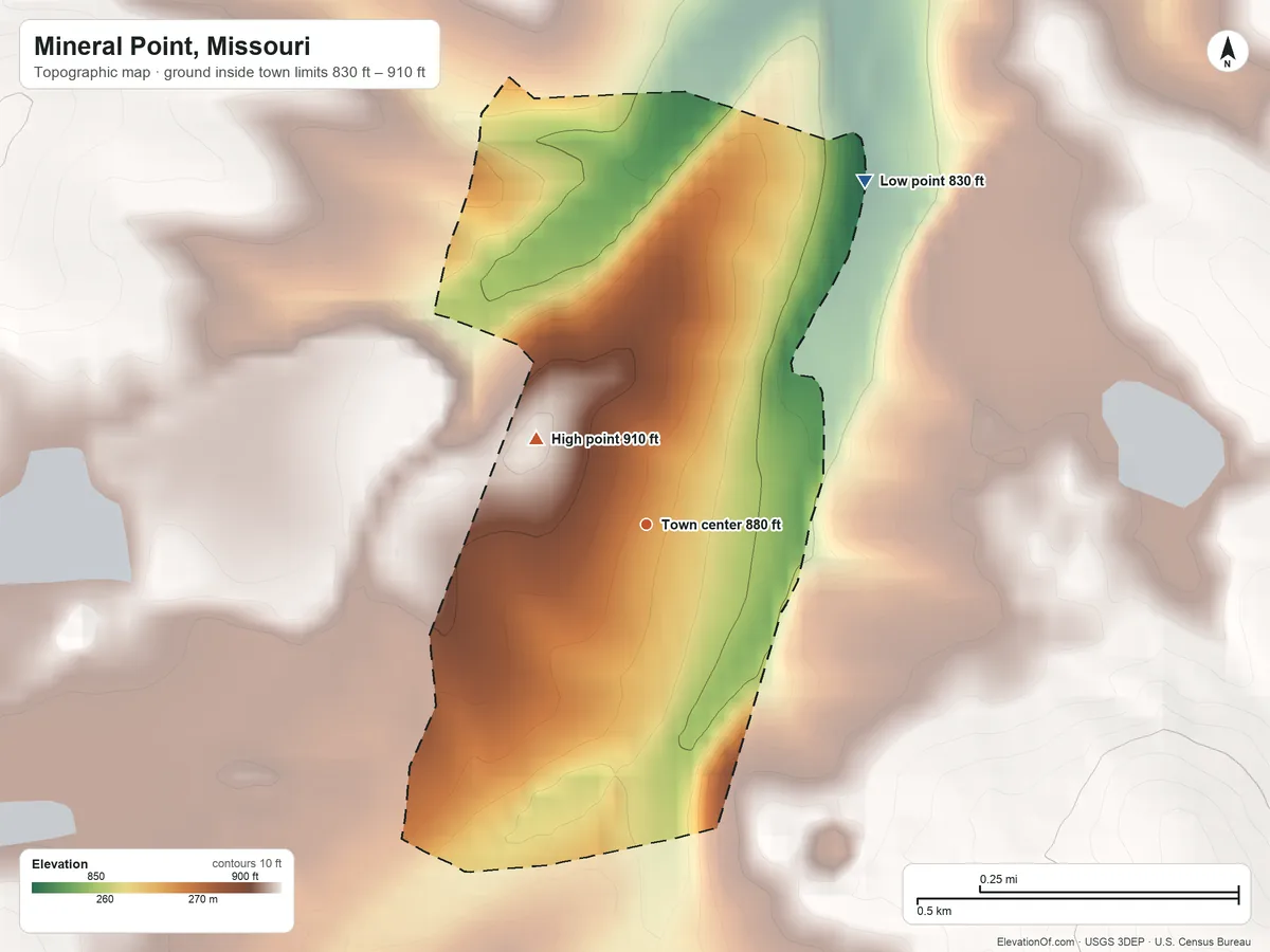 Topographic elevation map of Mineral Point, Missouri, shaded from 830 ft on the northeast side to 910 ft on the northwest side