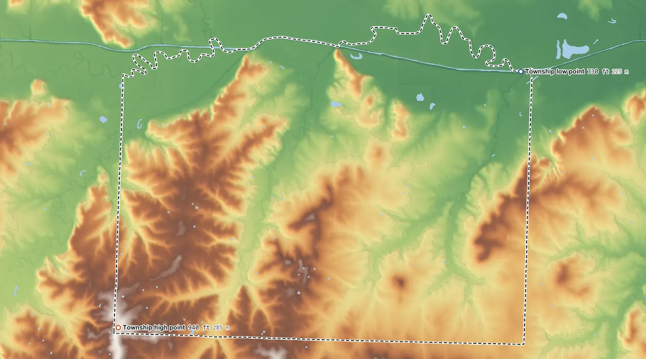 Topographic elevation map of Mingo Township, Missouri, shaded from 730 ft on the northeast side to 940 ft on the southwest side