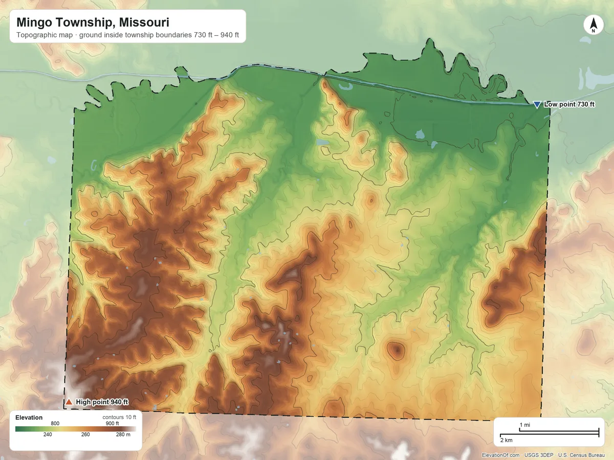 Topographic elevation map of Mingo Township, Missouri, shaded from 730 ft on the northeast side to 940 ft on the southwest side