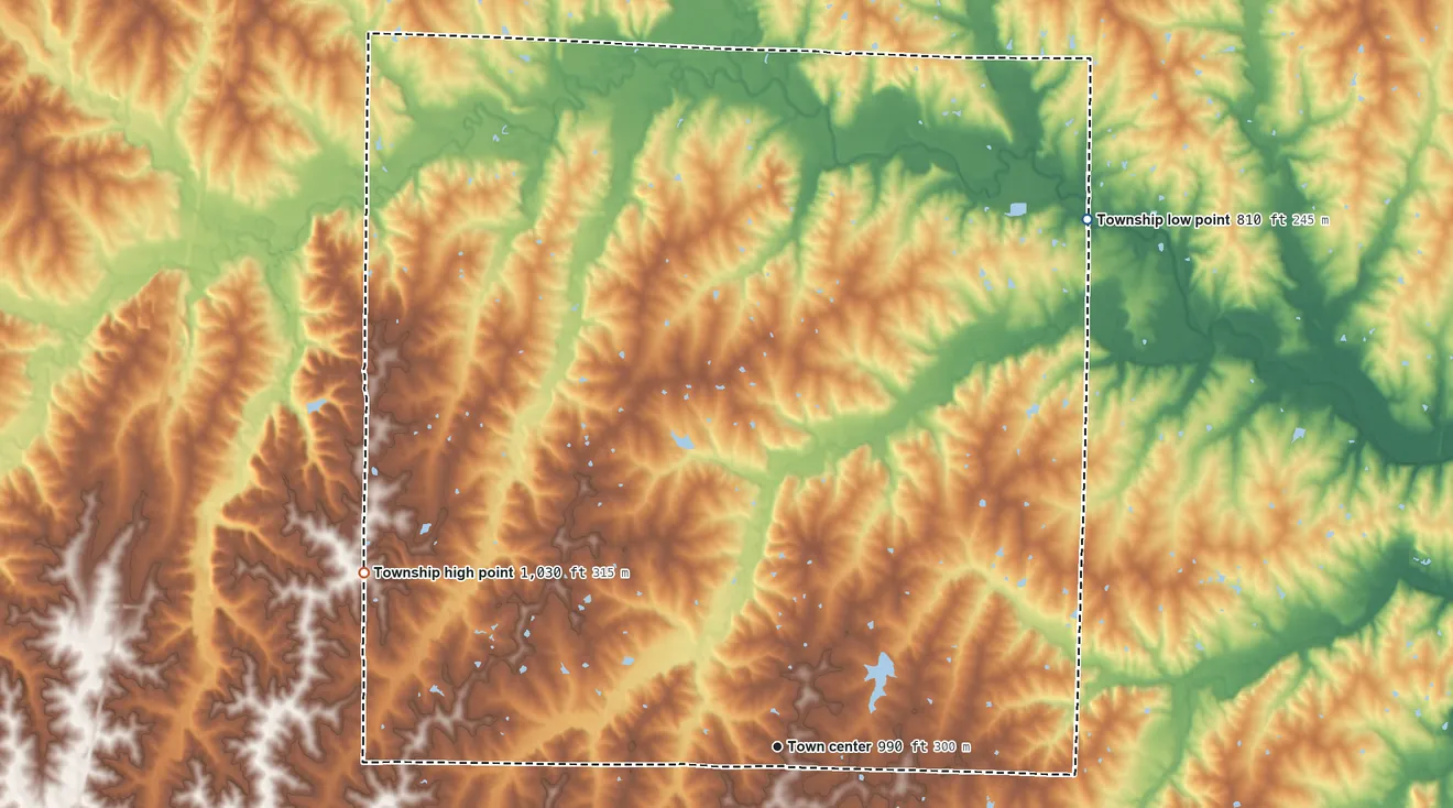Topographic elevation map of Mirabile Township, Missouri, shaded from 810 ft on the northeast side to 1,030 ft on the northwest side