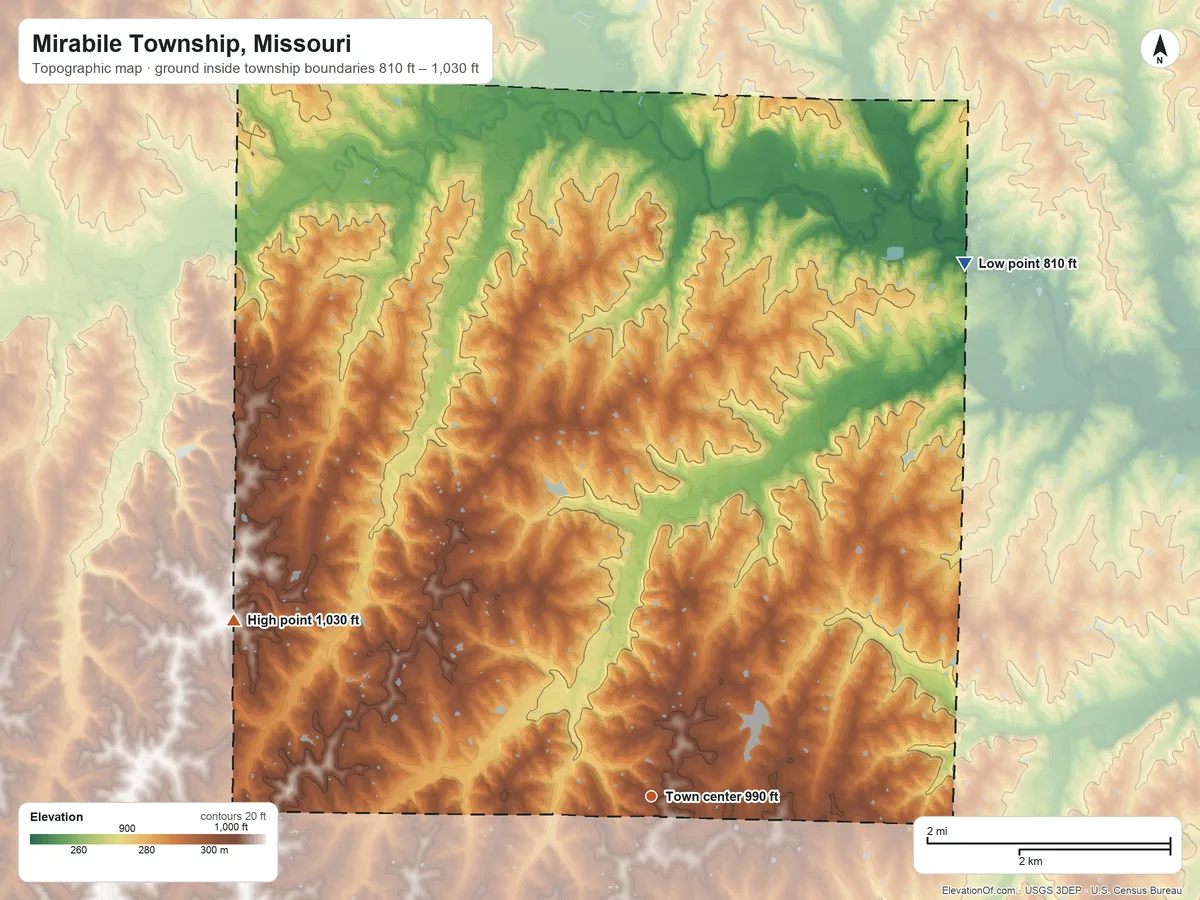 Topographic elevation map of Mirabile Township, Missouri, shaded from 810 ft on the northeast side to 1,030 ft on the northwest side