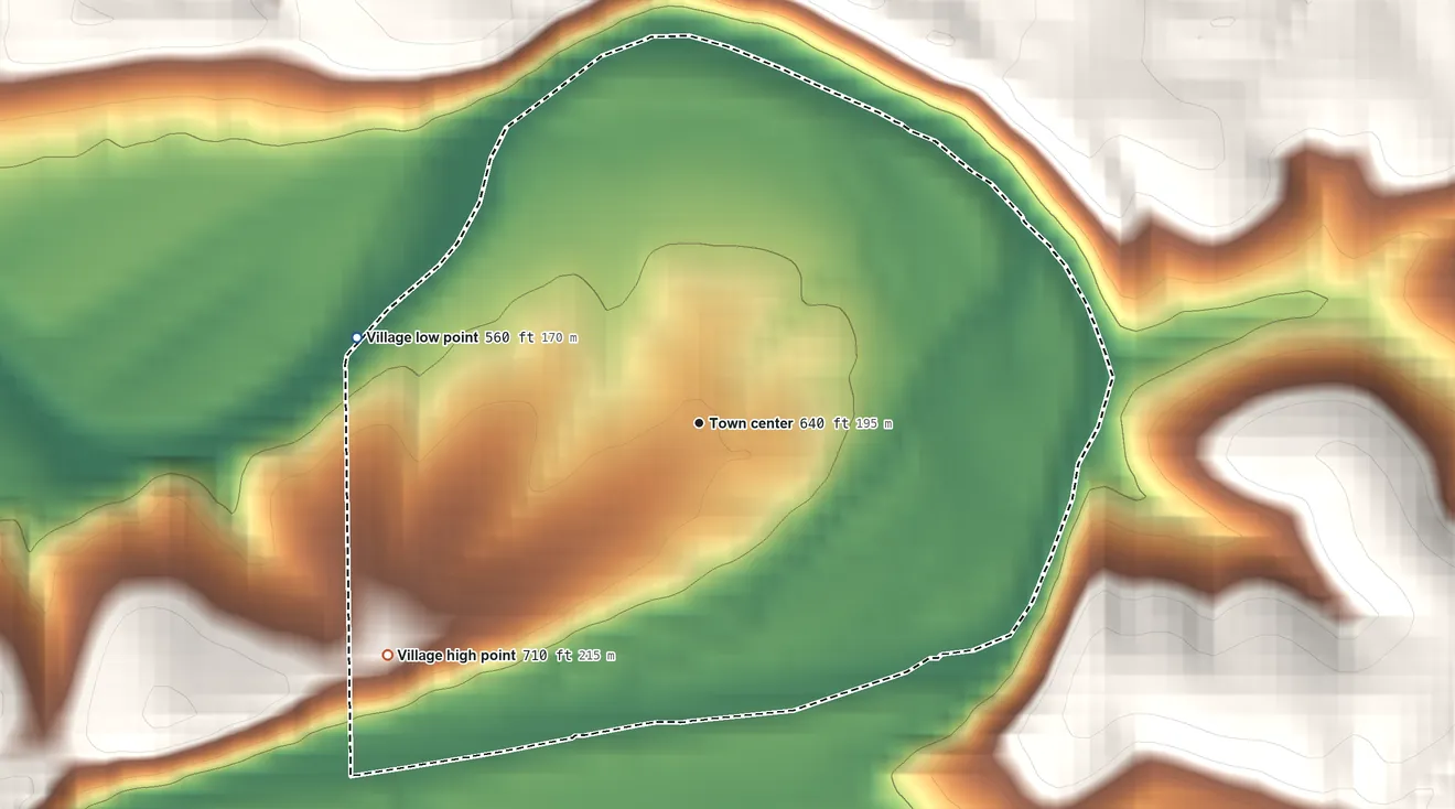 Topographic elevation map of Miramiguoa Park, Missouri, shaded from 560 ft on the west side to 710 ft on the southwest side